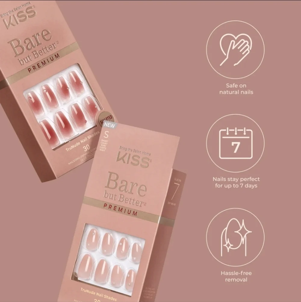 Bare But Better By Kiss Glue On Nails In Mocha•30 Nails•Up To 14 Days Of Wear!